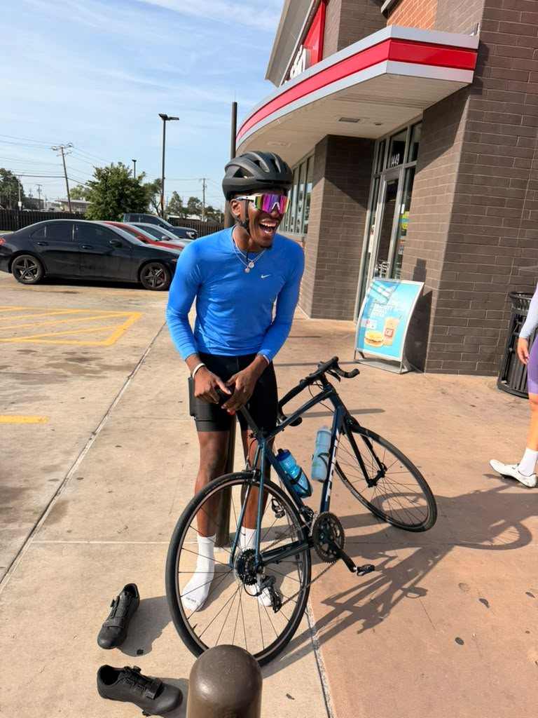 Rider laughing at a rest stop